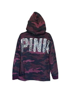 Victorias Secret Pink Hoodie Womens M Camo Sequin Logo Sherpa-Lined
